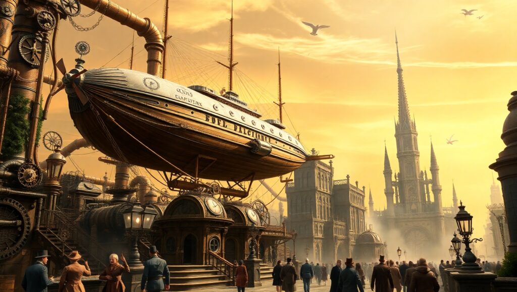 Steampunk Cityscape with Airships Q7c – free AI stock image
