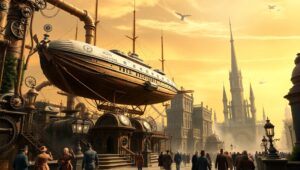 Steampunk Cityscape with Airships Q7c – free AI stock image