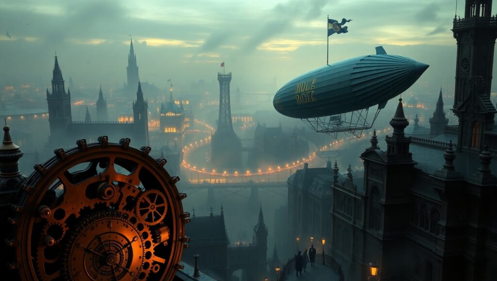 Steampunk Cityscape with Airships – free AI stock image