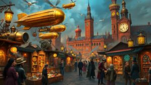 Steampunk Market Adventure – free AI stock image
