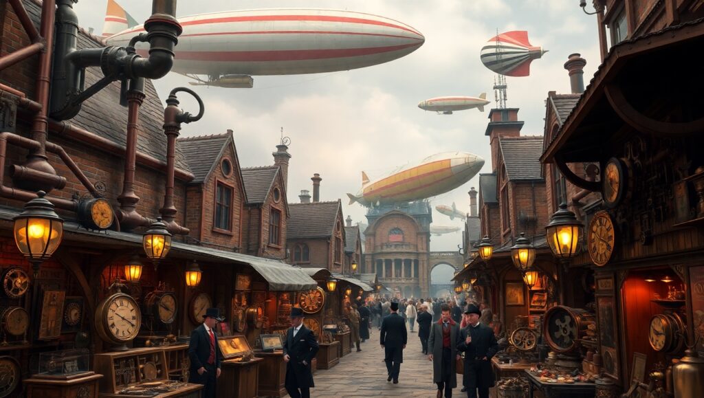Steampunk Marketplace Adventure – free AI stock image