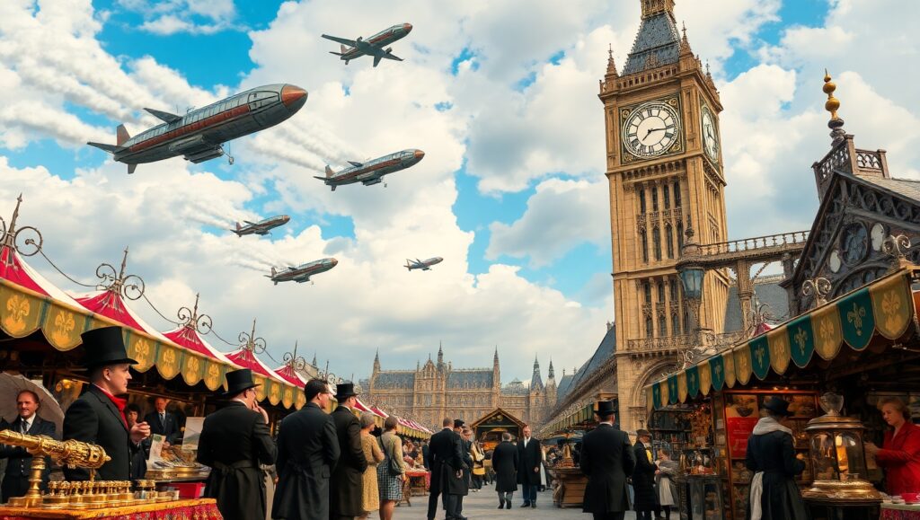 Steampunk Marketplace Adventure – free AI stock image