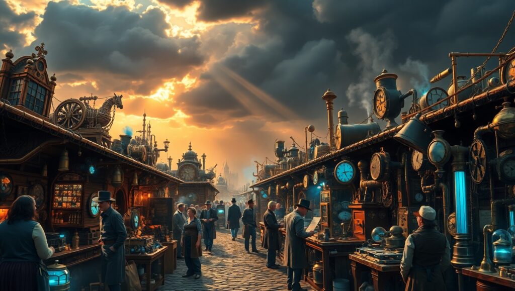 Steampunk Marketplace Adventures – free AI stock image