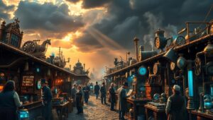 Steampunk Marketplace Adventures – free AI stock image