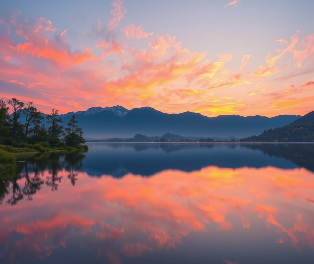Still Lake at Dusk Reflecting the Sky – free AI stock image