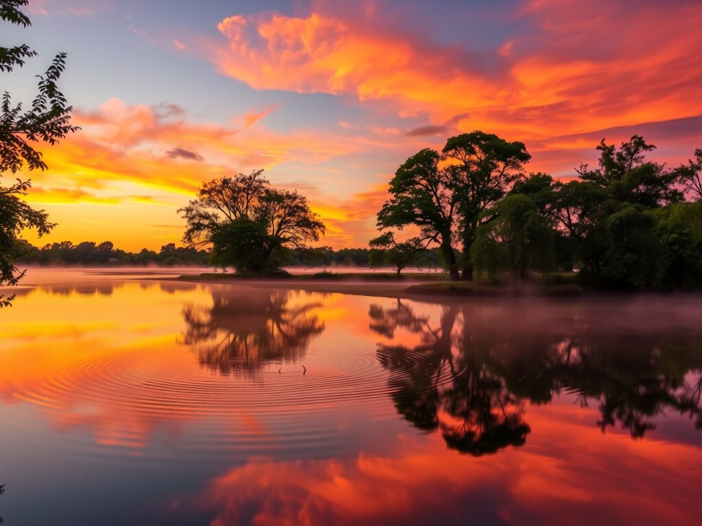 Still Lake at Dusk with Reflective Sky – free AI stock image