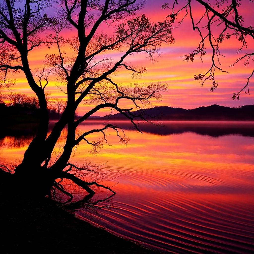 Still Lake Mirror During Sunset – free AI stock image