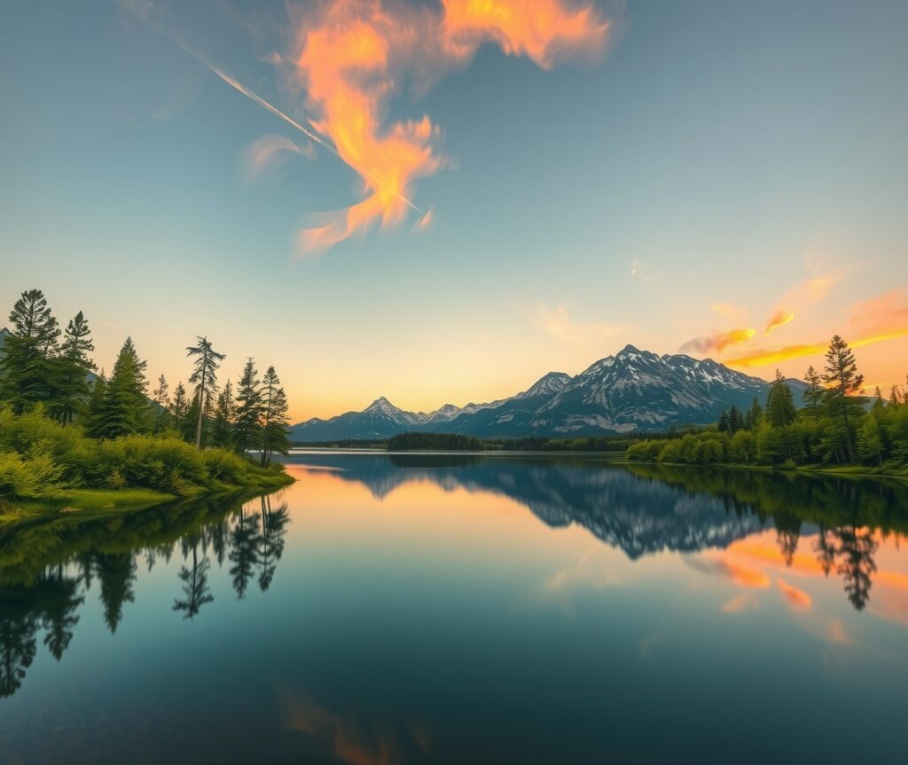 Still Lake Reflecting a Mountain Landscape – free AI stock image