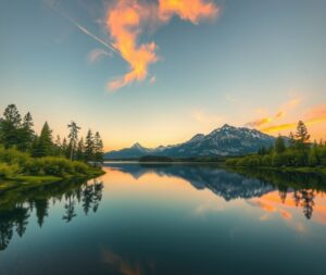 Still Lake Reflecting a Mountain Landscape – free AI stock image