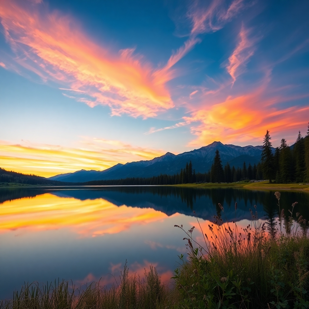 Still Lake Reflecting a Mountain Sunset – free AI stock image