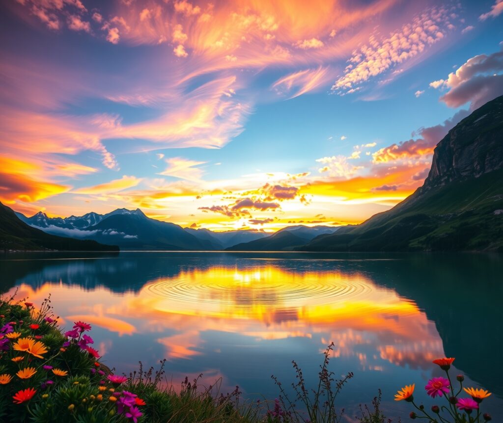 Still Lake Reflecting a Mountain Sunset – free AI stock image