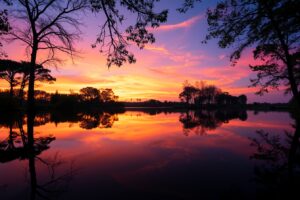 Still Lake Reflecting a Serene Sunset – free AI stock image