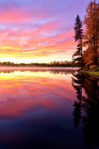 Still Lake Reflecting an Autumn Sunset – free AI stock image