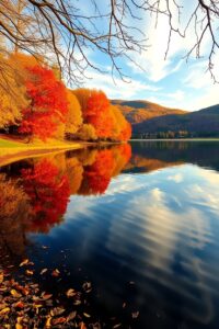 Still Lake Reflecting Autumn Trees – free AI stock image