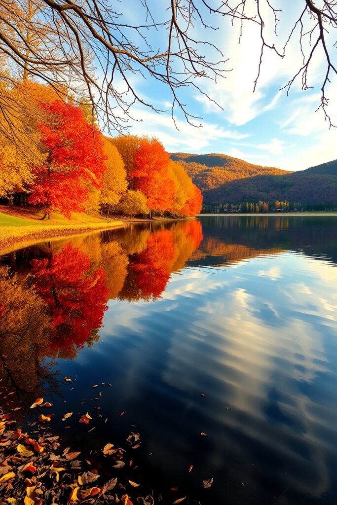 Still Lake Reflecting Autumn Trees – free AI stock image