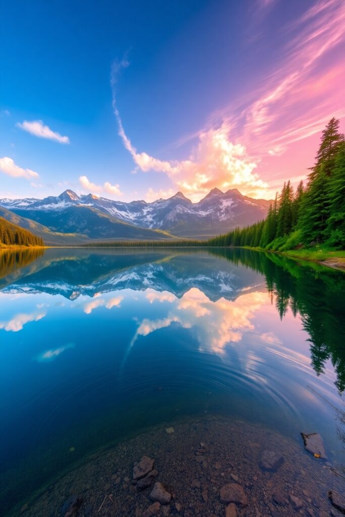 Still Lake Reflecting Majestic Mountains – free AI stock image