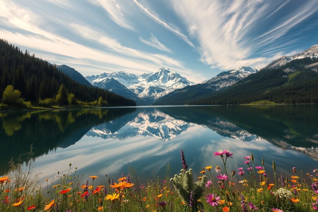 Still Lake Reflecting the Mountain Peaks – free AI stock image