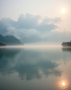 Still Lake Surrounded by Misty Mountains – free AI stock image