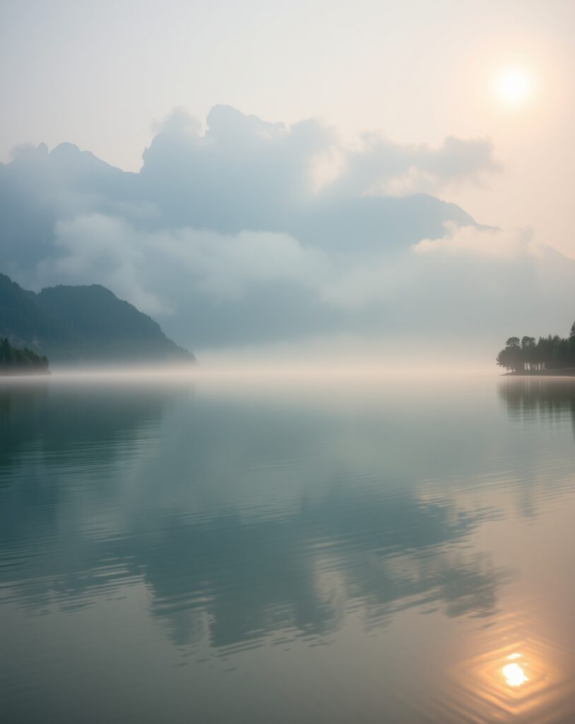 Still Lake Surrounded by Misty Mountains – free AI stock image