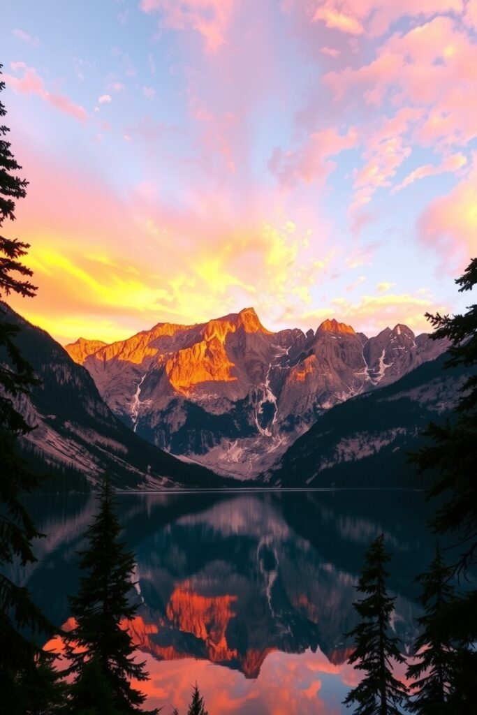 Still Lake with Reflective Mountains at Sunset – free AI stock image