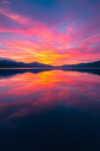 Still Water Reflections of a Sunset Sky – free AI stock image