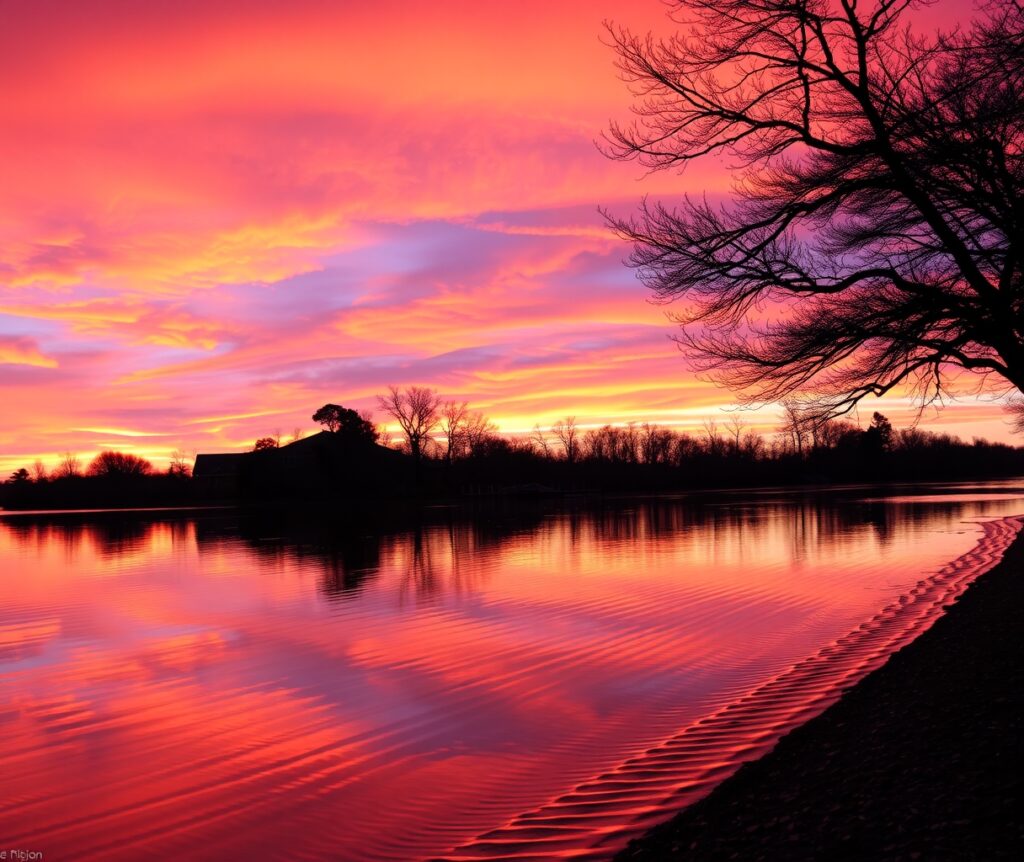 Still Waters Reflecting a Tranquil Sunset – free AI stock image