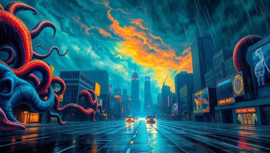 Stormy City in Expressionist Style – free AI stock image