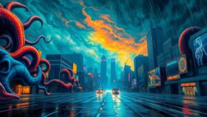 Stormy City in Expressionist Style – free AI stock image