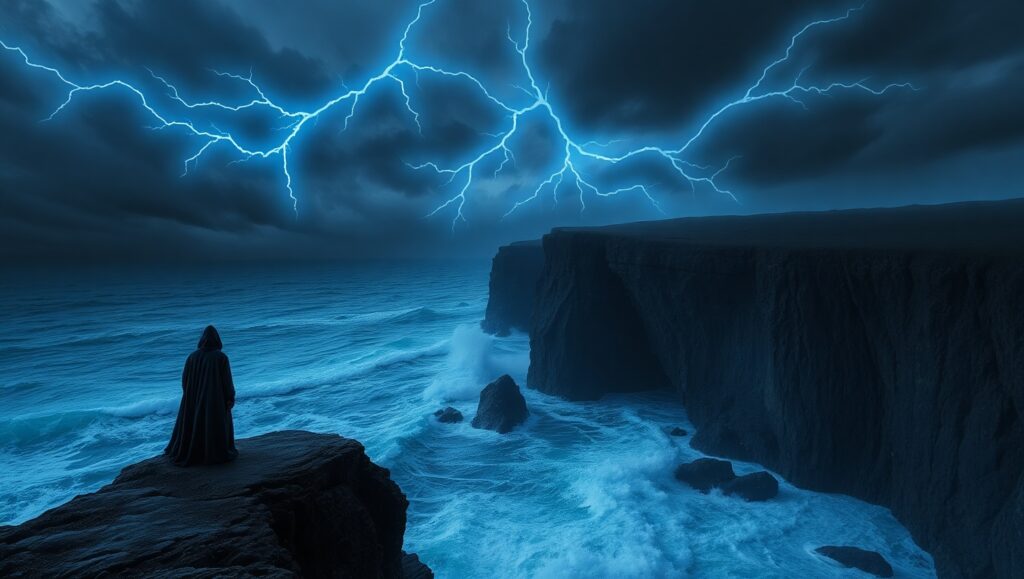 Stormy Cliffside Encounter – free AI stock image