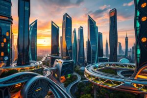 Stunning Futuristic Cityscape at Dusk – free AI stock image