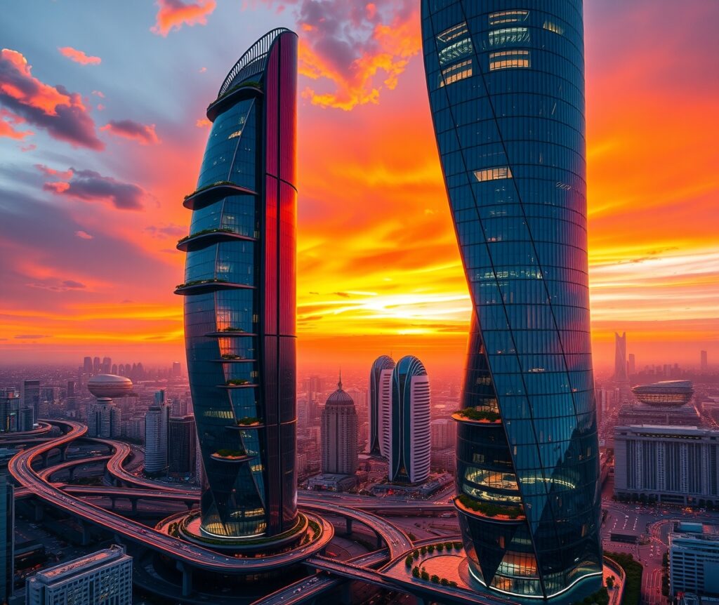 Stunning Futuristic Skyscraper at Sunset – free AI stock image