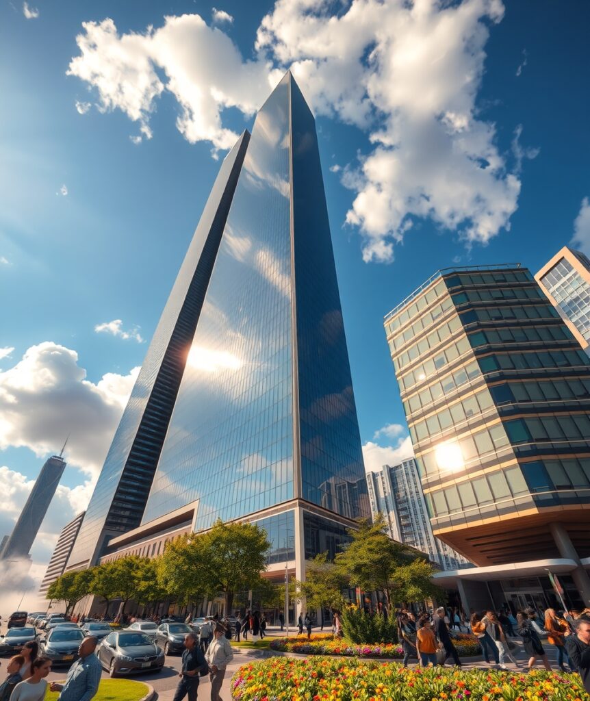 Stunning Modern Skyscraper Against Blue Sky – free AI stock image