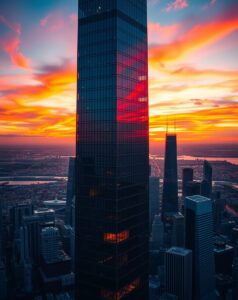 Stunning Modern Skyscraper at Sunset – free AI stock image