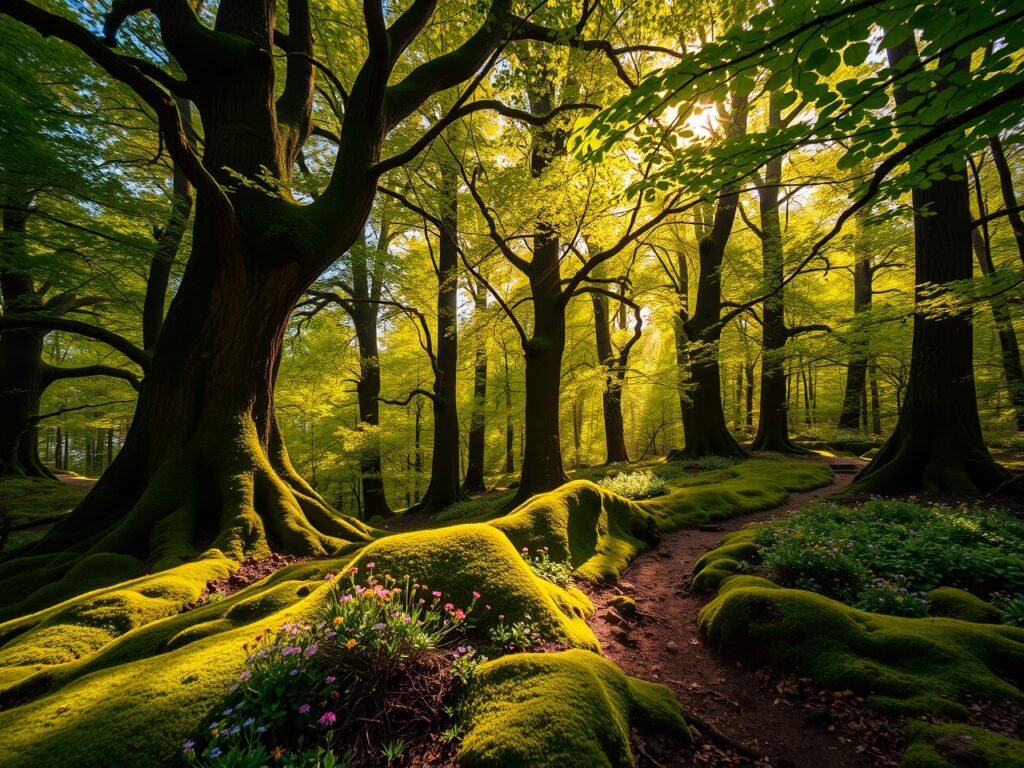 Sunlight Breaking Through the Dense Forest Canopy – free AI stock image