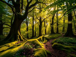 Sunlight Breaking Through the Dense Forest Canopy – free AI stock image