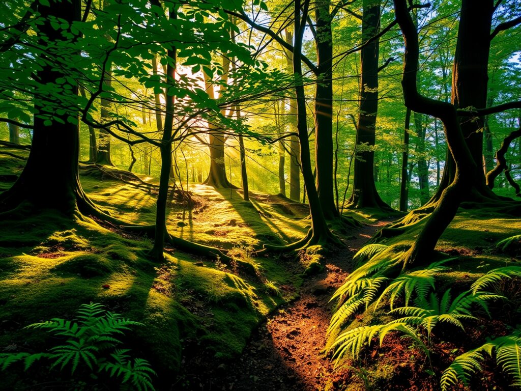 Sunlight Filtering Through a Dense Forest – free AI stock image