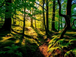 Sunlight Filtering Through a Dense Forest – free AI stock image