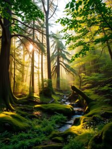 Sunlight Filtering Through a Dense Forest – free AI stock image