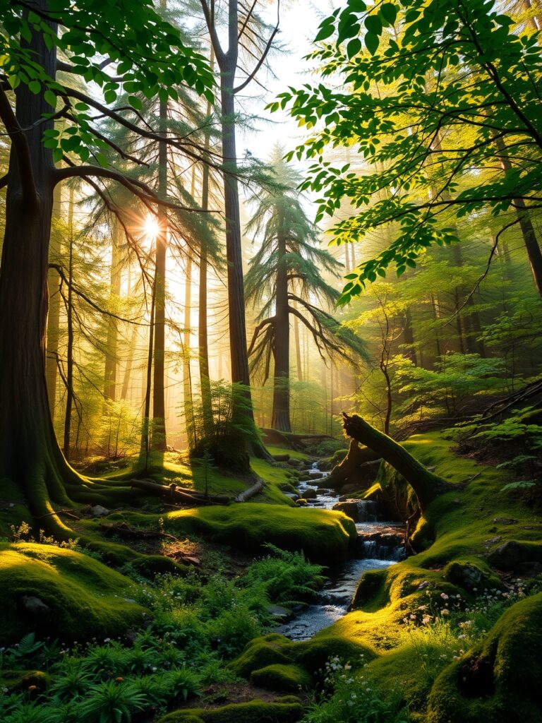 Sunlight Filtering Through a Dense Forest – free AI stock image
