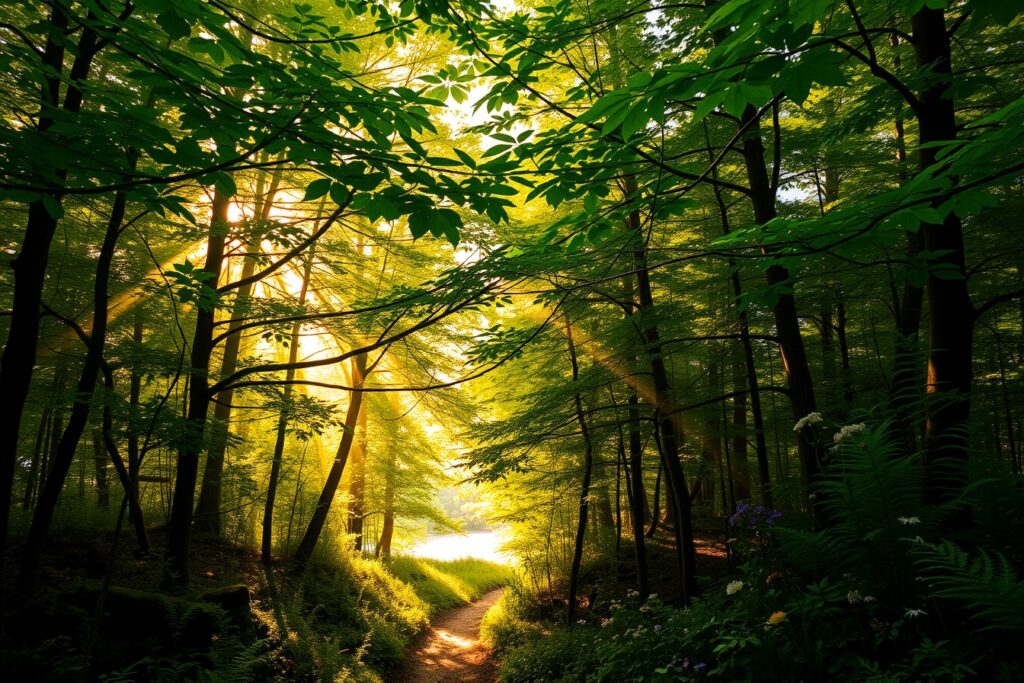 Sunlight Filtering Through a Dense Forest – free AI stock image