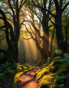 Sunlight Filtering Through a Dense Forest – free AI stock image