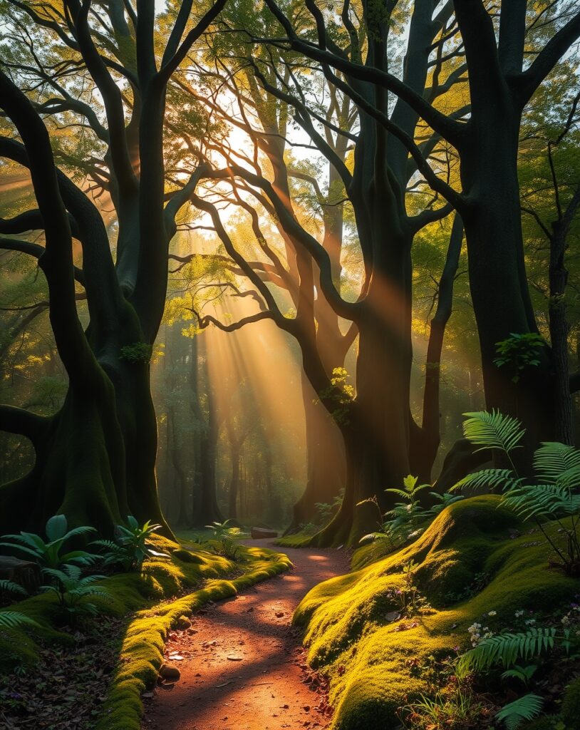 Sunlight Filtering Through a Dense Forest – free AI stock image