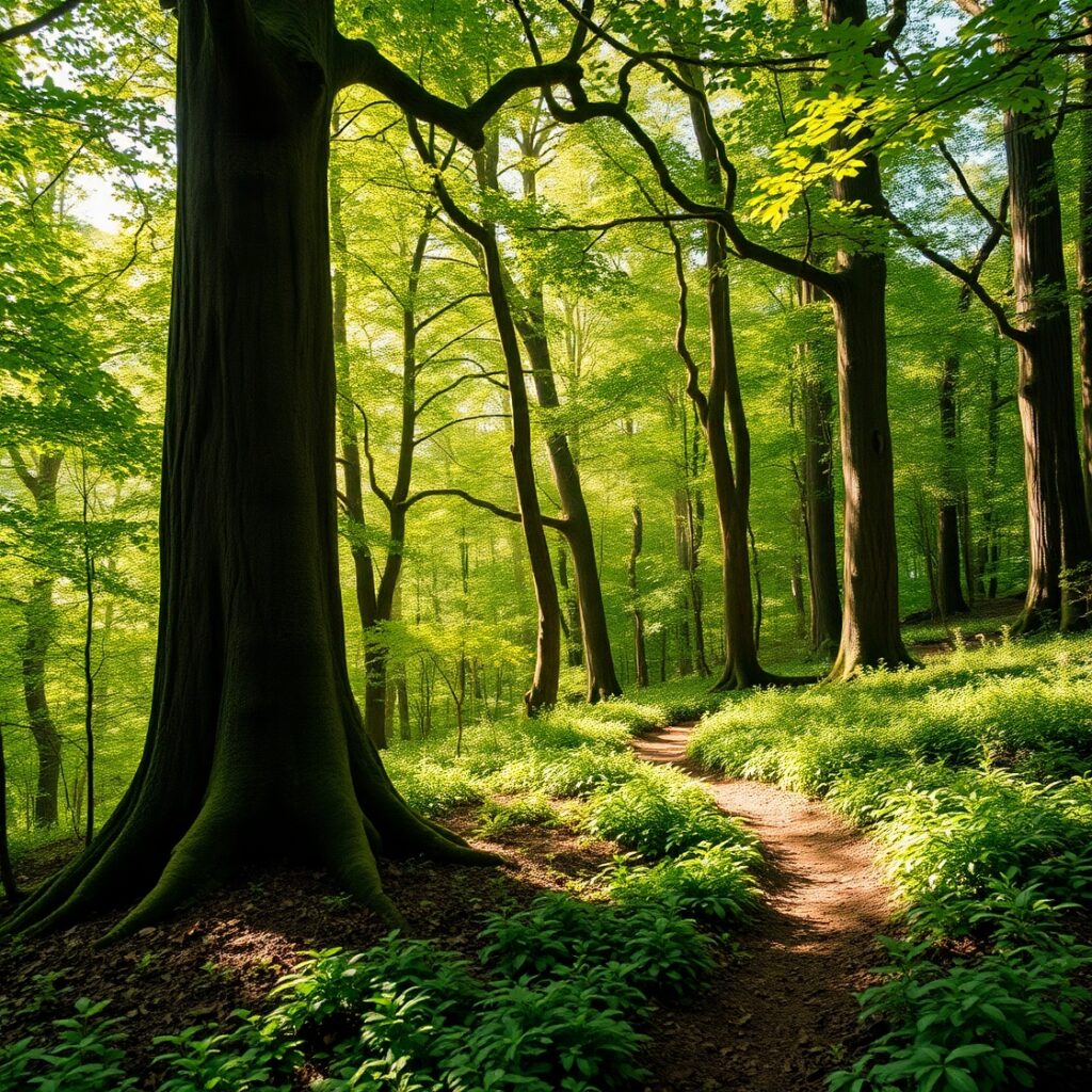 Sunlight Filtering Through a Dense Forest – free AI stock image