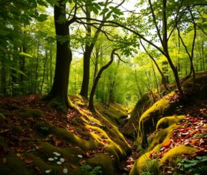 Sunlight Filtering Through a Dense Forest – free AI stock image
