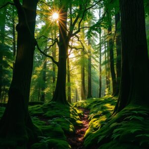 Sunlight Filtering Through a Dense Forest Canopy – free AI stock image
