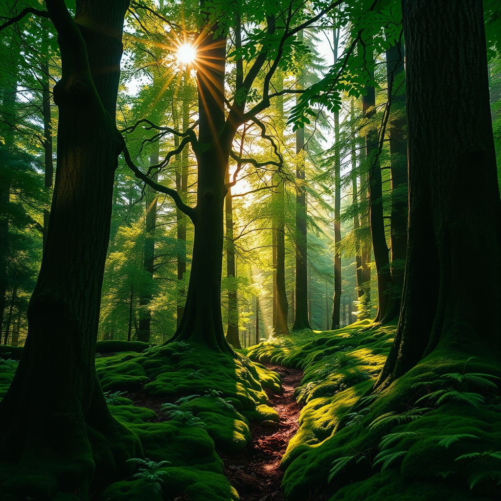 Sunlight Filtering Through a Dense Forest Canopy – free AI stock image