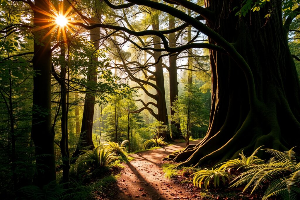 Sunlight Filtering Through a Dense Forest Canopy – free AI stock image