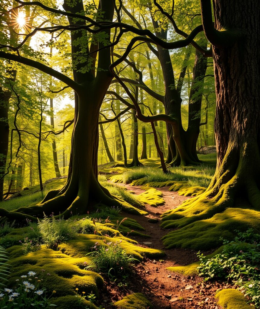 Sunlight Filtering Through a Lush Forest – free AI stock image