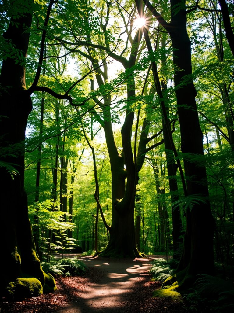 Sunlight Filtering Through a Lush Forest – free AI stock image