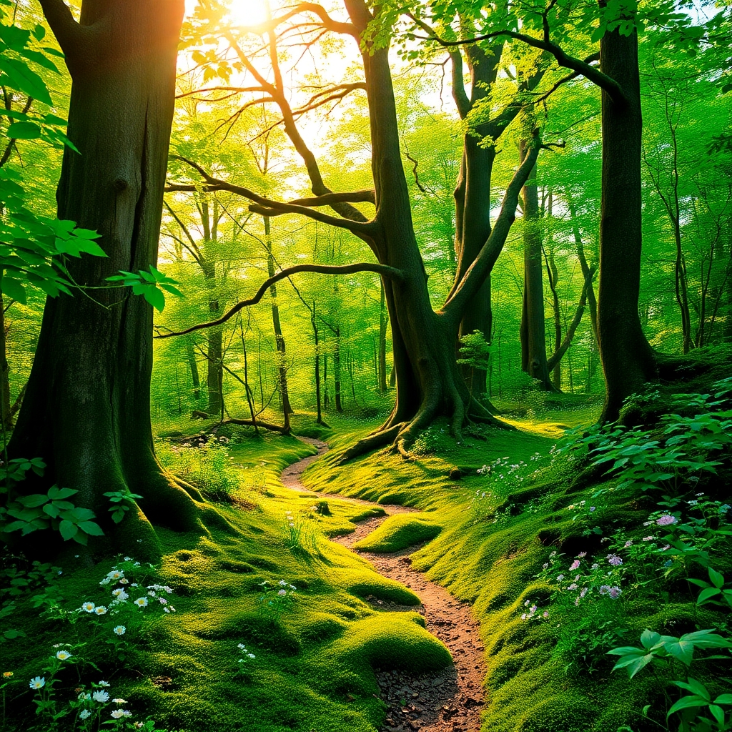 Sunlight Filtering Through a Lush Forest Canopy – free AI stock image